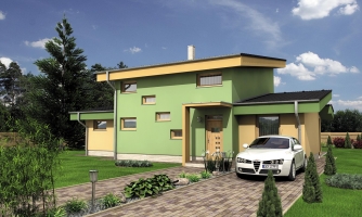 Modernes Haus mit Garage und Pultdächern.